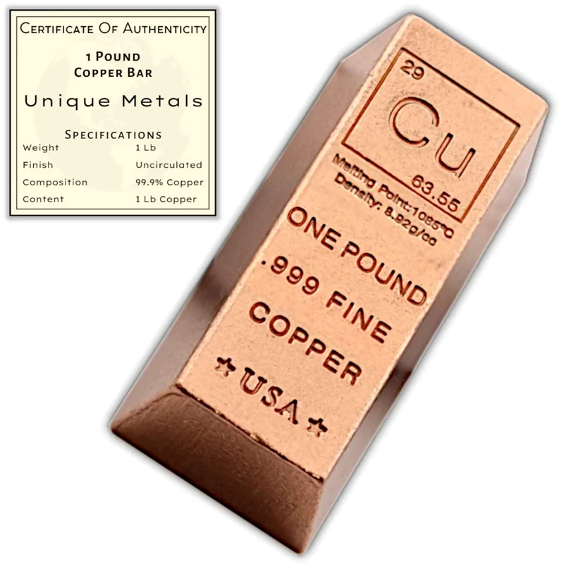 1 Pound Copper Bar Ingot Paperweight - 999 Pure Chemistry Element Design with Certificate of Authenticity by Unique Metals - Image 1