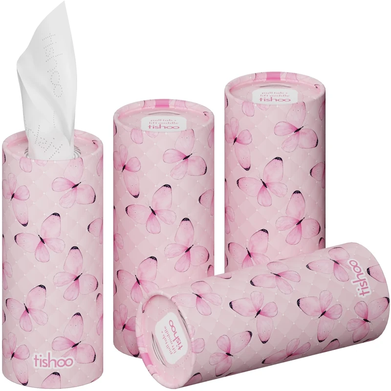 tishoo Hyaluronic Acid-Infused 4-ply Ultra Luxury Tissues | for Car Cup Holders, Home & Travel | 4 Tubes x 40 Sheets | Pink/Butterflies
