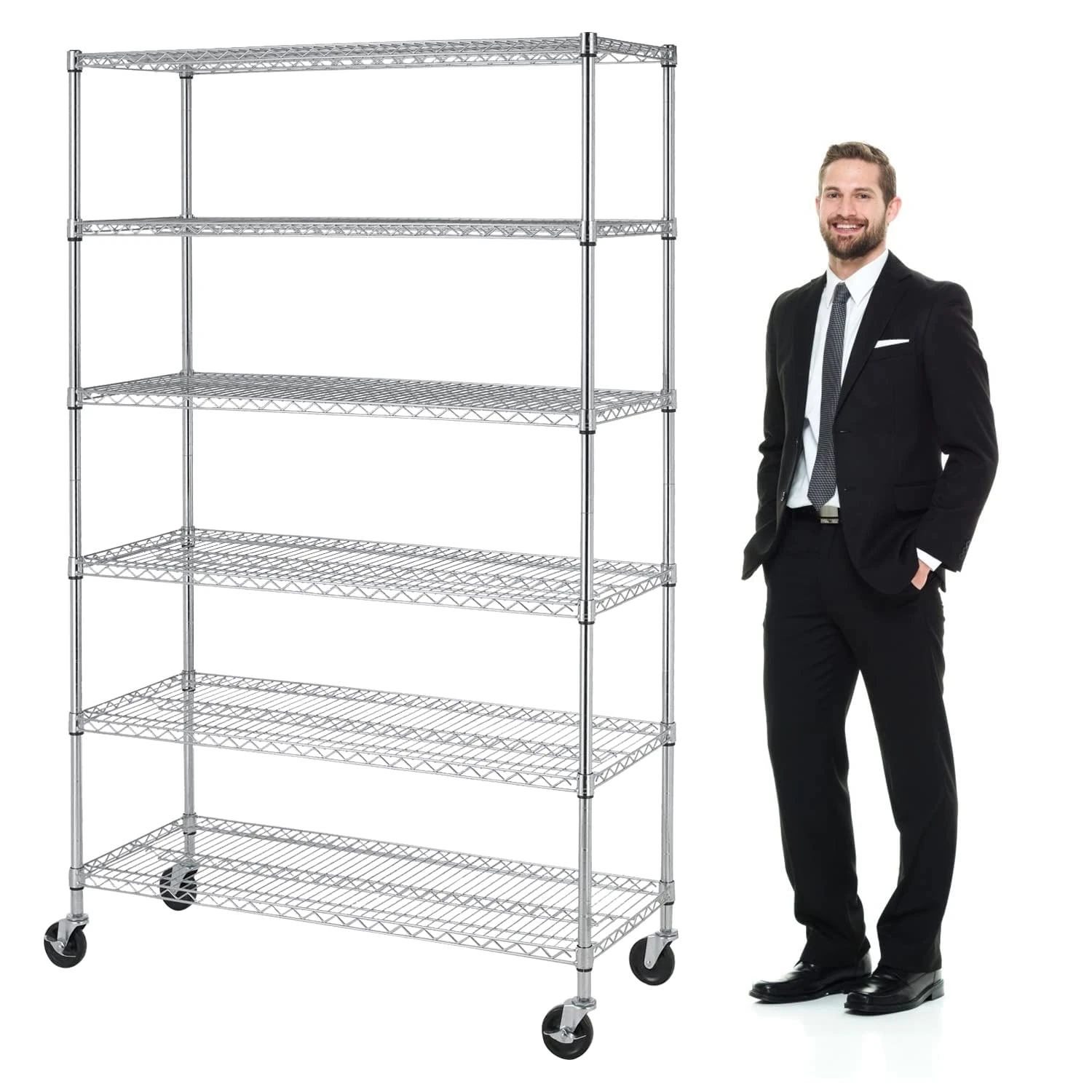 YYkokocat Heavy Duty 6 Tier Shelving Unit Adjustable 6000Lbs Capacity Steel Storage Rack 18" x 48 x 76 Mobile Shelves Wire Shelf Silver Rolling Utility Cart for Pantry Garage Kitchen, Chrome