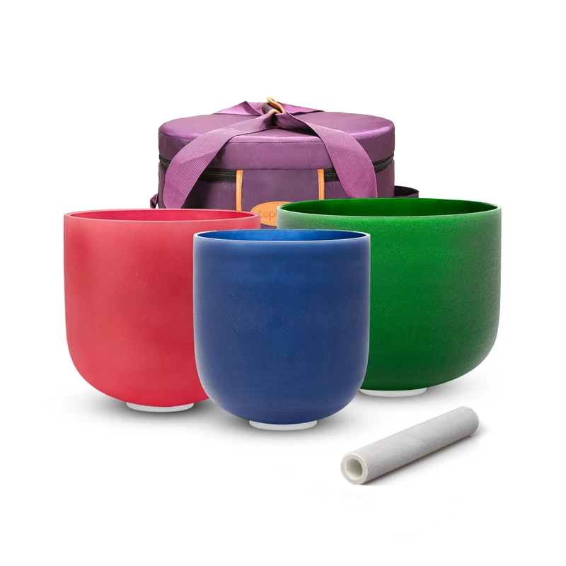 TOPFUND (6"A +7"F+8"C) Chakra Set of 3 Pcs Colored Crystal Singing Bowls with Heavy Duty Carrying Case
