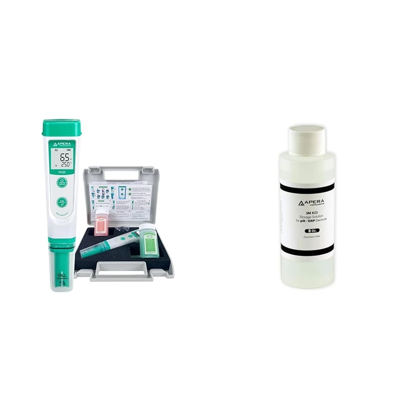 Apera Instruments PH20 Value pH Meter, Pocket Tester, Waterproof, ±0.1 pH Accuracy, 0-14 pH Range, ±0.5°C Temperature Sensor, Complete kit & AI1107 3M KCl Storage Solution (250ml)
