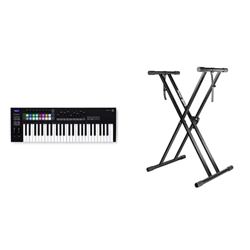 Novation Launchkey 49 [MK3] MIDI Keyboard Controller & RockJam XX-363 Xfinity Doublebraced Pre Assembled Keyboard Stand with Locking Straps, Black, 3.1 in*39.0 in*18.1 in