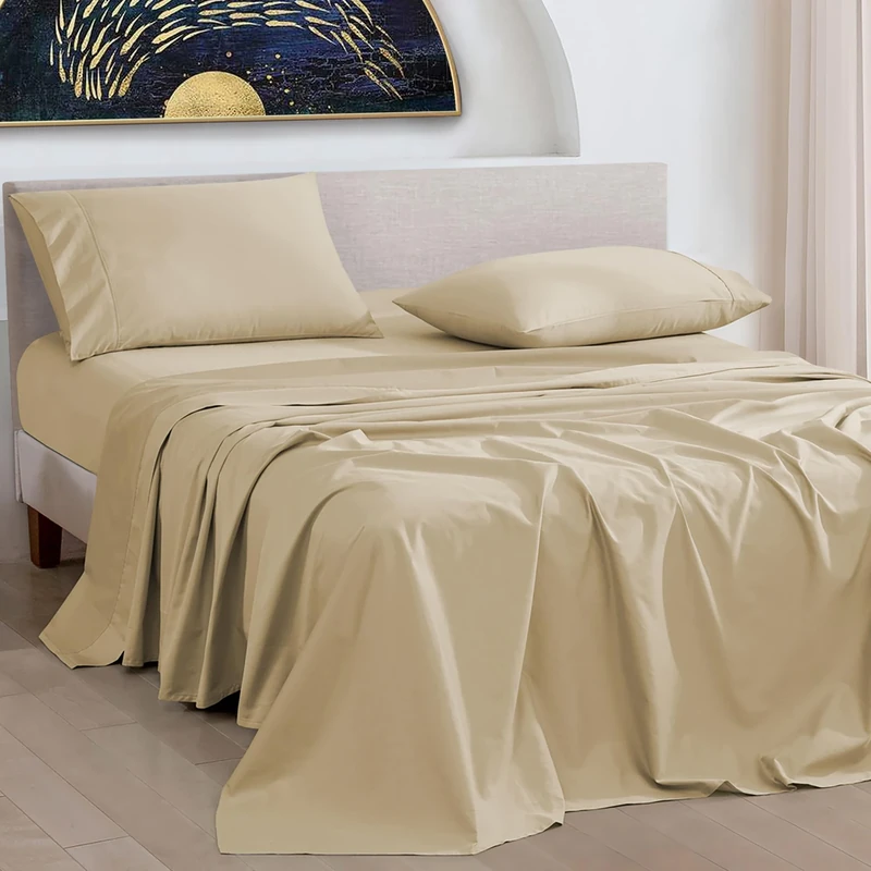 URBANHUT 1000 Thread Count 100% Solid Cotton Twin Sheet Set, Luxury Bedding Set for Twin Size Bed, All Season Sateen Weave Hotel Bedsheets, 14" Elasticized Deep Pocket, Comfy - Sand (3 Pc)