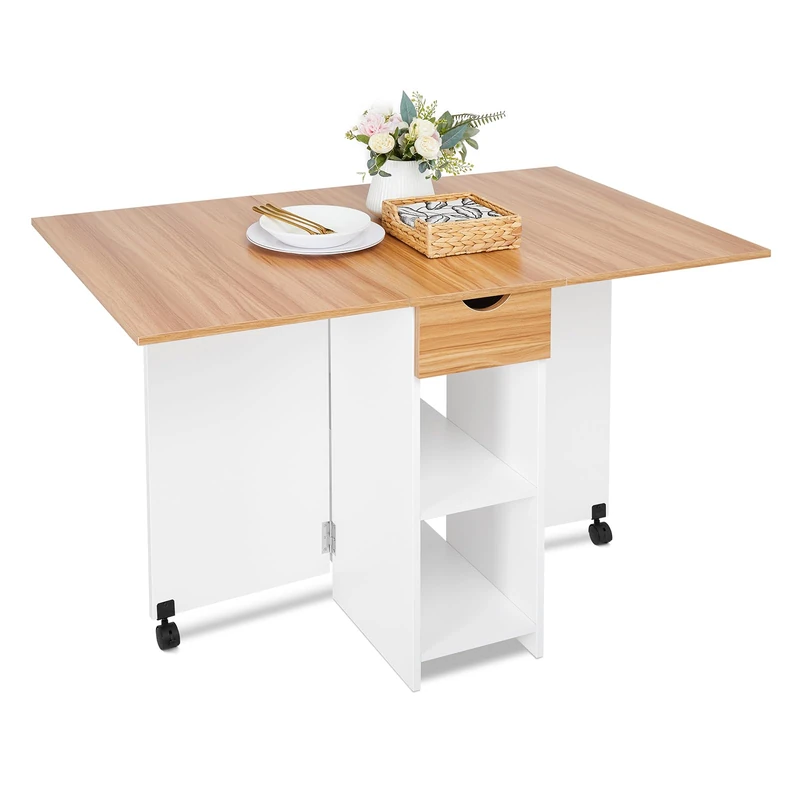 Mondeer Drop Leaf Table, Folding Dining Table with Storage Drawer and Shelves for Small Space Kitchen Dining Room, White & Red Oak