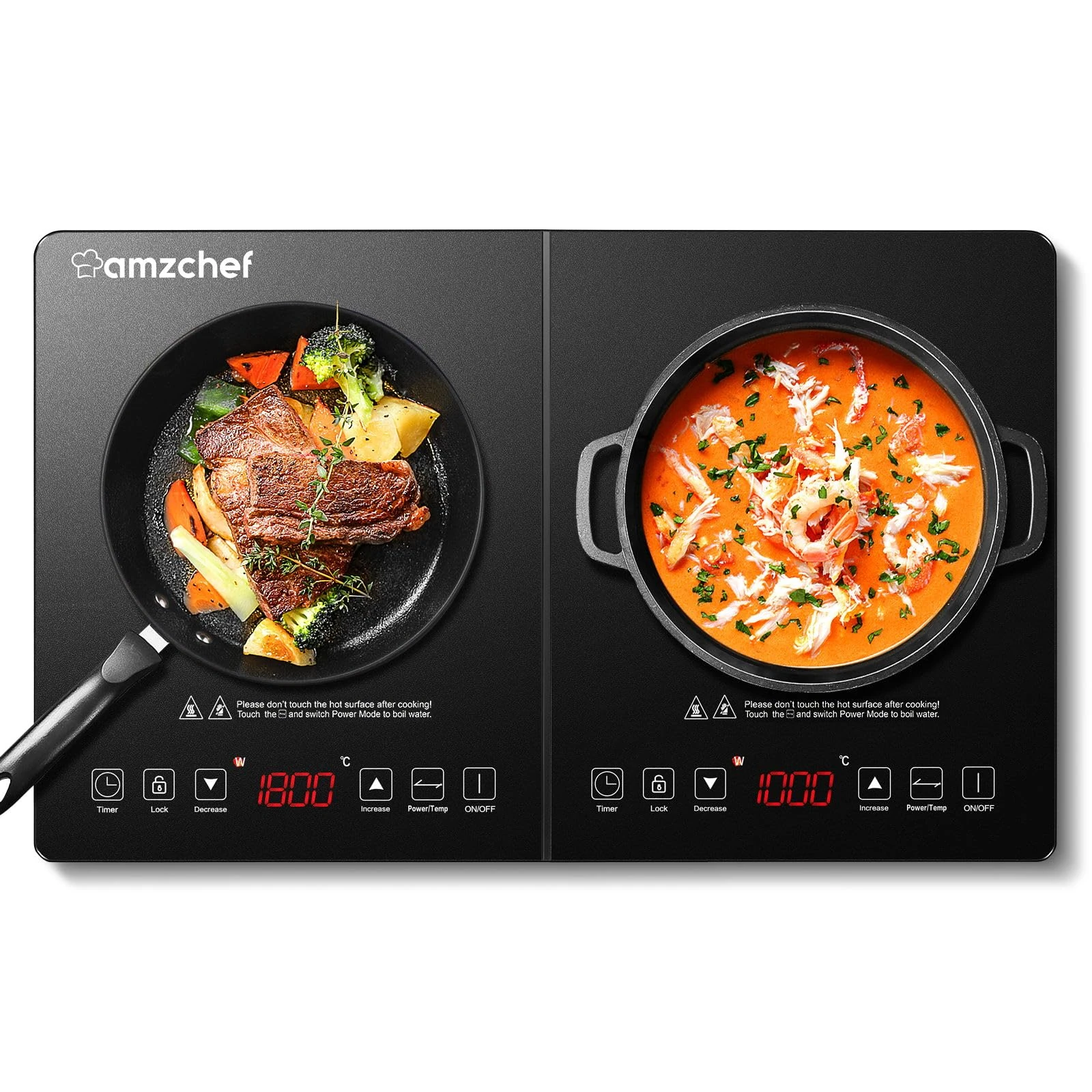 AMZCHEF Double Induction Hob, Induction Cooker with Portable Ultra-thin Body, Independent Control,10 Temperature, Multiple Power Levels, 2800W, 3-Hour Timer, Safety Lock