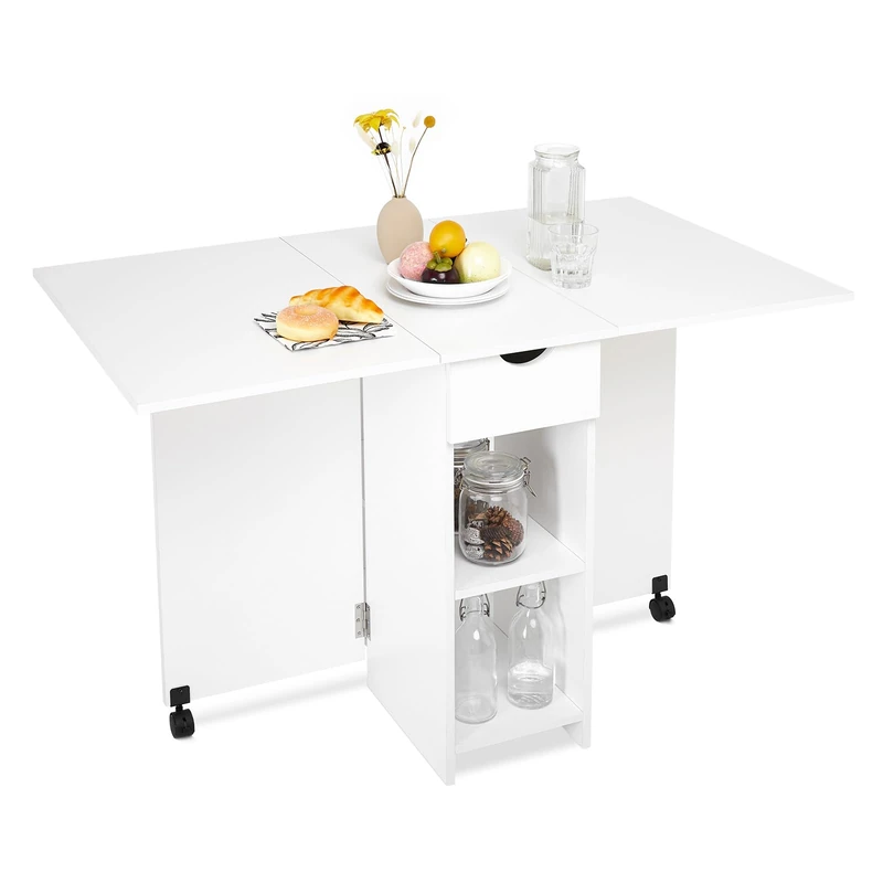 Mondeer Drop Leaf Table, Folding Dining Table with Storage Drawer and Shelves for Small Space Kitchen Dining Room, White