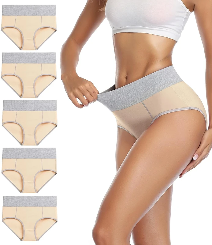 wirarpa Underwear Women High Waist Cotton Knickers Ladies Panties Full Coverage Briefs Underpants Plus Size Beige 5 Pack 3XL