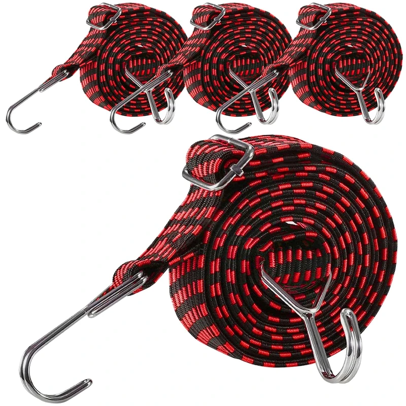 Bungee Cords with Hooks Adjustable - Elastic Heavy Duty Straps Rope Flat Bungee Straps for Bike Luggage Rack Camping Tent Car Roof Rack Fixings 4 Pack