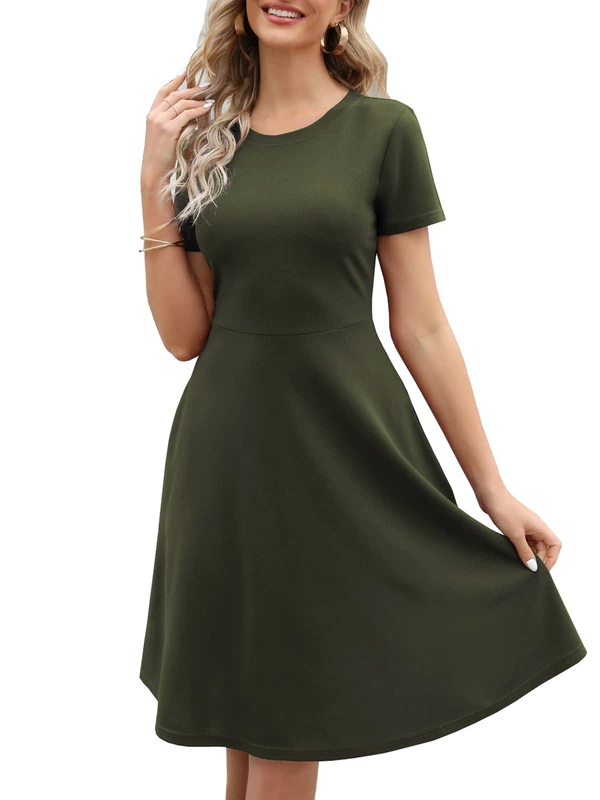 Women's Elegant Vintage Cotton Casual Floral Print Work Party A-Line Swing Dress with Pockets 162, Army Green, M