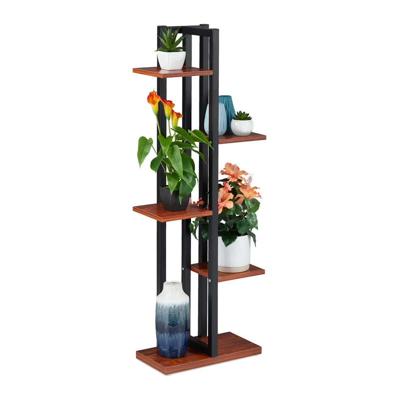 Relaxdays Dark Brown Steel & MDF Plant Shelf with 5 Shelves 117 x 43 x 22 cm