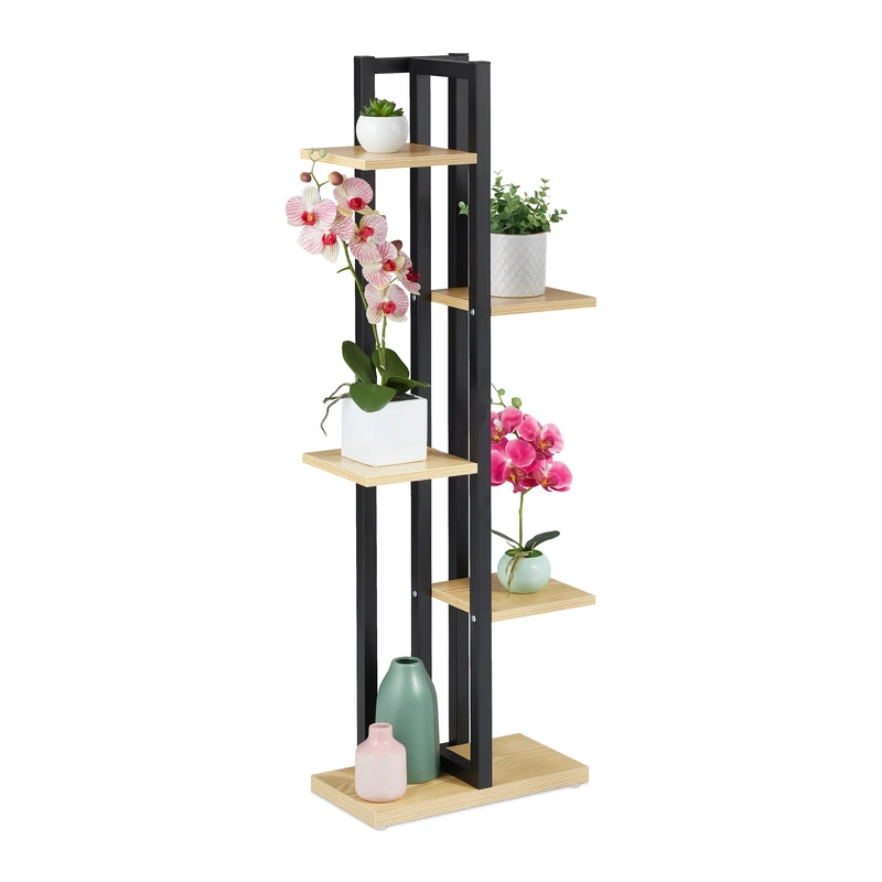 Relaxdays Metal Flower Stand, 5-Tier Indoor Pot Shelf Ladder, Wooden Look, 117 x 43 x 22 cm, Plant Rack, Light Brown, Steel