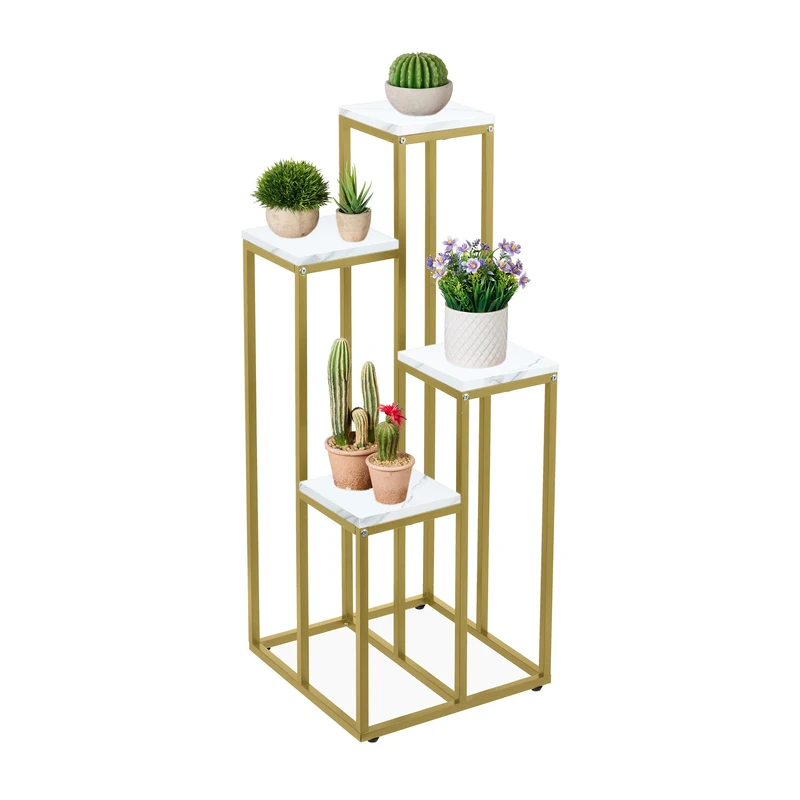 Relaxdays Plant Stand, Modern Pot Holder with 4 Tiers, 80x40x40 cm, White Metal Frame, MDF Shelving; Space-Saving; Gold