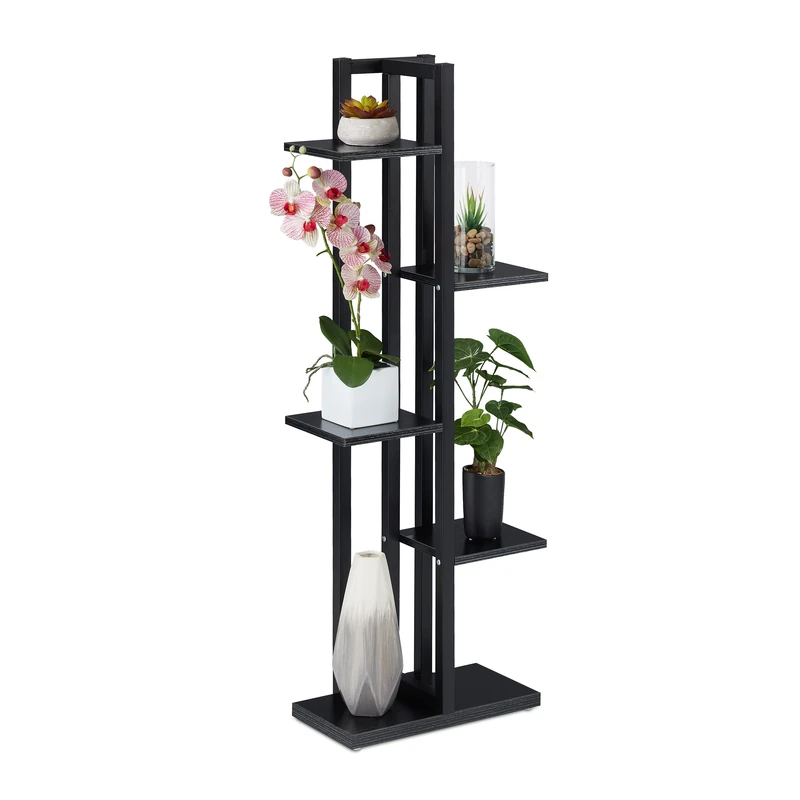 Relaxdays Metal Flower Stand, 5-Tier Indoor Pot Shelf Ladder, Wooden Look, HxWxD: 117 x 43 x 22 cm, Plant Rack, Black, Steel
