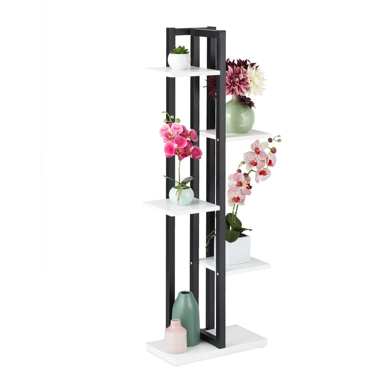 Relaxdays Metal Flower Stand, 5-Tier Indoor Pot Shelf Ladder, Wooden Look, HxWxD: 117 x 43 x 22 cm, Plant Rack, White