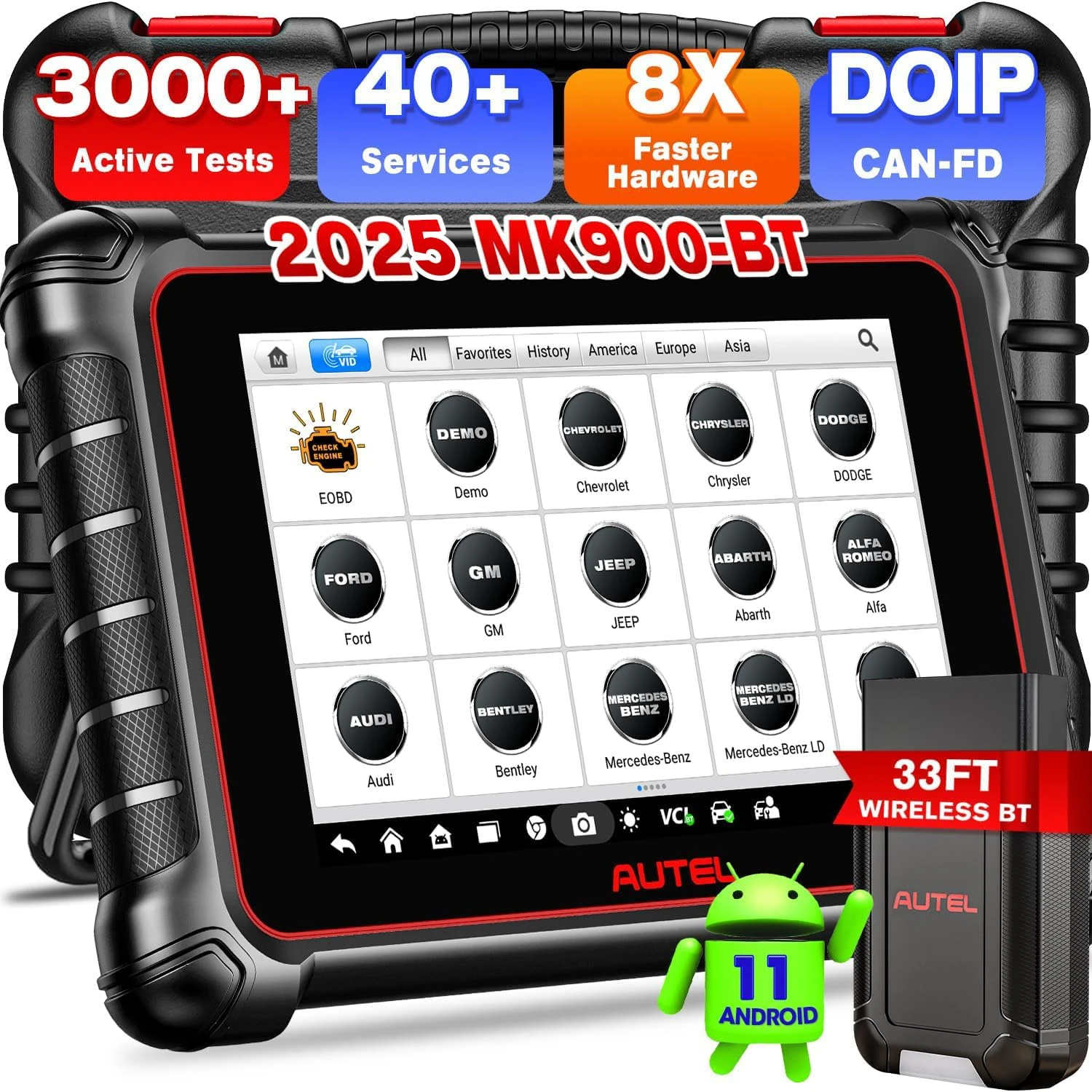 Autel MaxiCOM MK900BT Diagnostic Tool, 2025 MK900-BT 8in Up of MK900 MK808S MK808BT MX808S MK808Z, Bidirectional Scanner as MP900 MX900, 3000+ Active Tests, 40+ Service, CAN-FD&DOIP, All System, OS11