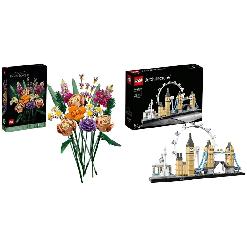 LEGO 10280 Flower Bouquet, Artificial Flowers, Set for Adults & 21034 Architecture Skyline Model Building Set, London Eye, Big Ben, Tower Bridge Model Collection, Office Home Décor