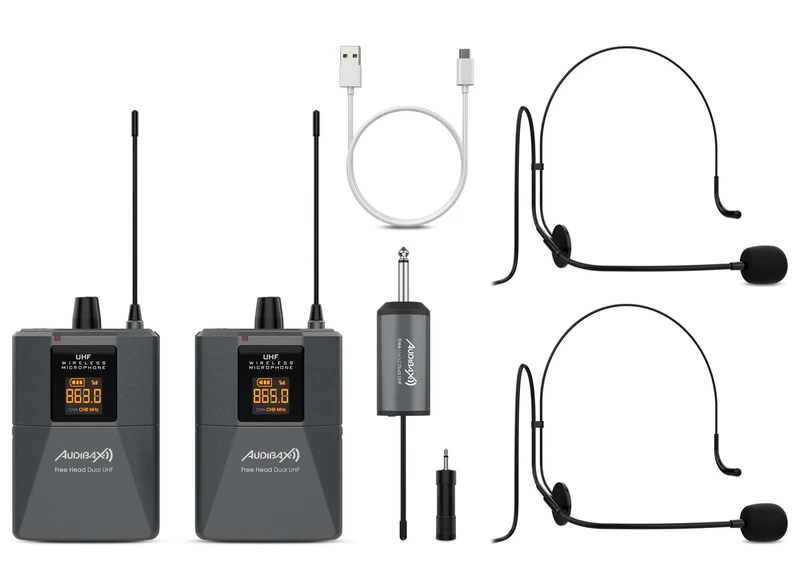 Audibax Missouri Free Head Dual UHF Headband Microphone System with Rechargeable Receiver