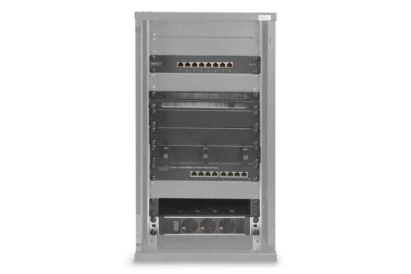 DIGITUS 10 Inch Set - Network Cabinet 12 U SOHO Series Black - Shelf - Power Strip - 8-Port Patch Panel - 8-Port Gigabit Switch
