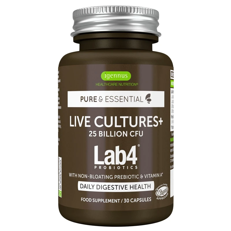 Igennus Probiotics & Prebiotics 2 in 1, Lactobacillus Acidophilus & Bifidobacterium, Live Cultures+ Lab4 for Gut Health, Guaranteed 25 Billion CFU, Bloating Relief, for Women & Men, 30 Vegan Capsules