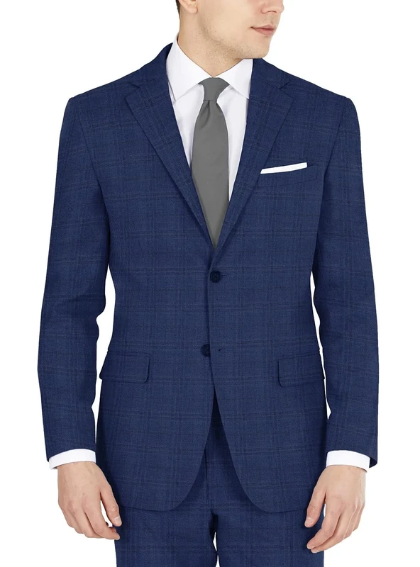 DKNY Men's Modern Fit High Performance Suit Separates Business Jacket, Blue Plaid, 38