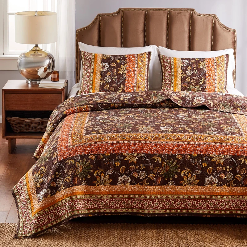 Greenland Home Audrey Bedding Set, Polyester Cotton, Chocolate, 3-Piece Full/Queen