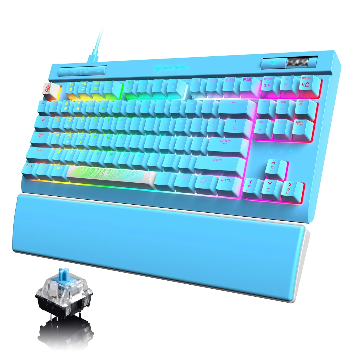 RGB Mechanical Gaming Keyboard, 18 Chroma RGB LED Backlit Blue Switches 87 Keys Wired Mechanical Keyboard with 5 Independent Multimedia Controls & Volume Wheel, Full keys Anti-ghosting for PC -Blue