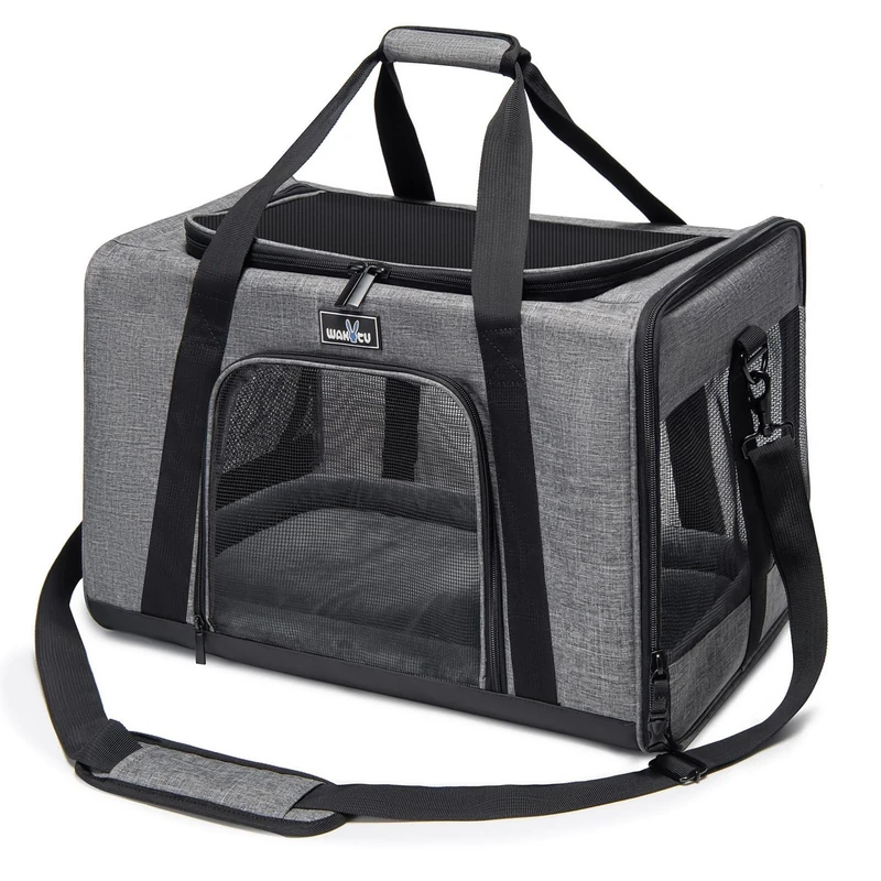 Wakytu, Pet Carrier for Cats and Small Dogs Travel Carrier with Proper Ventilation, 5 Mesh Windows, 3 Entrances, Zippers with Safety Lock, Padded Shoulder Strap, Medium