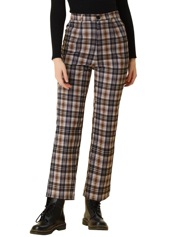 Allegra K Women's Plaid Cropped Trousers Button Casual Tartan Check Work Pants, Brown, XL
