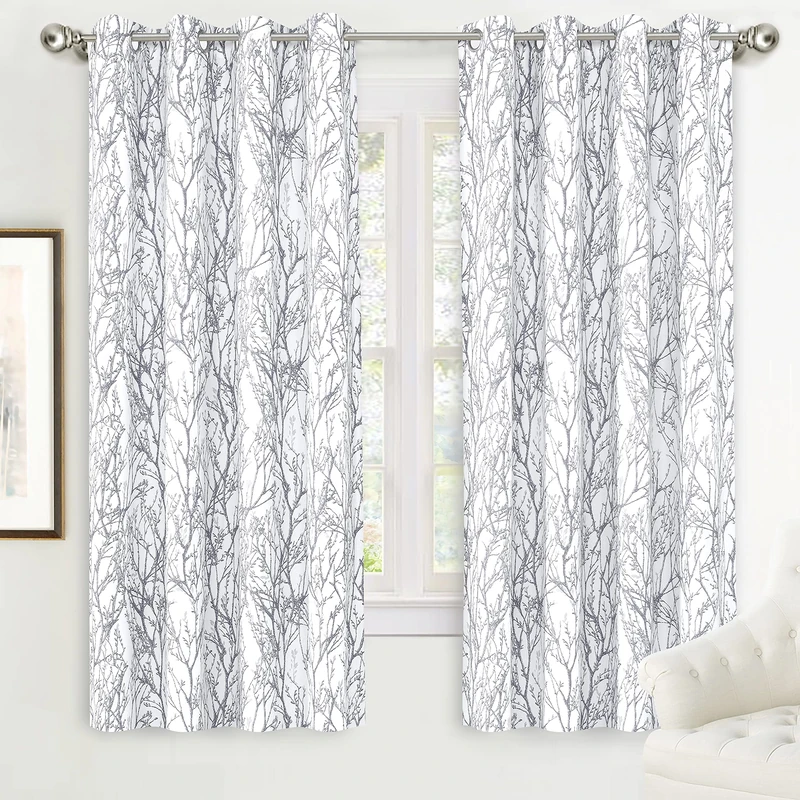 DriftAway Tree Branch Botanical Pattern Painting (Black) out Room Darkening Thermal Insulated Grommet Lined Window Curtains 2 Panels 2 Layers Each 52 Inch by 72 Inch (Gray)
