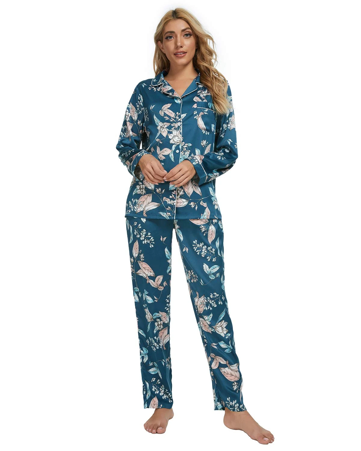 GOSO Ladies Pyjamas Set- Women Pyjamas Button Down Pjs for Women Sets Blue Floral Long Sleeve Sleepwear Lady Nightwear Soft Lounge Sets for Ladies Pjs