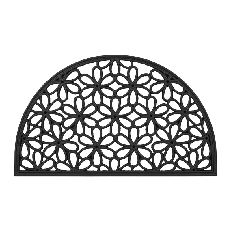 Relaxdays Semicircular Flower Pattern Doormat, 45 x 75 cm, Door Mat Inside & Outside, Non-Slip Bottom, Shoe Wiper, Black