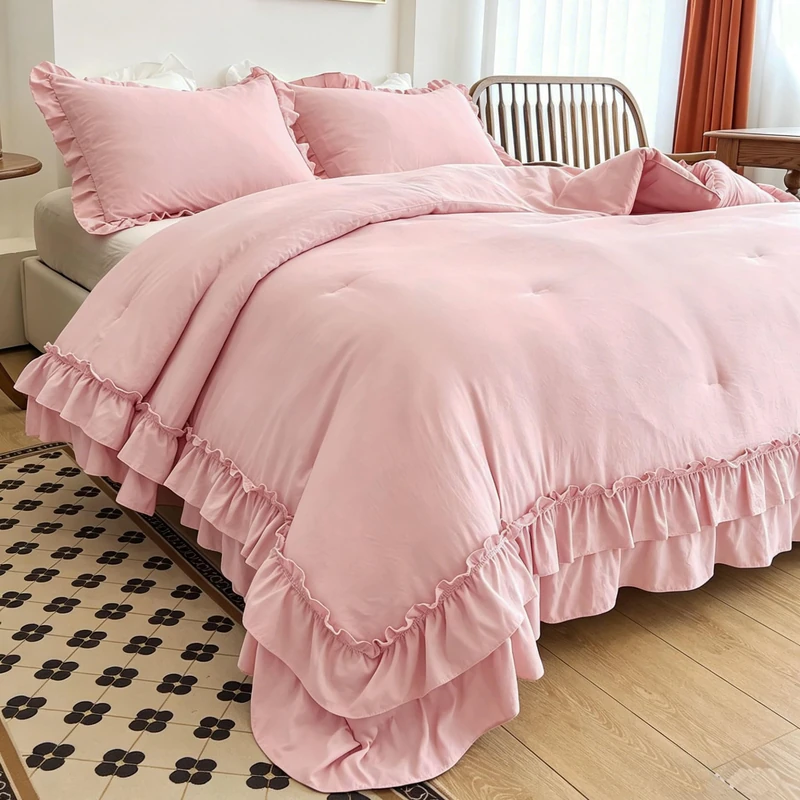 AIKASY Peach Pink Ruffle Comforter King, 3 Pieces Vintage Ruffle Fringe Comforter, Farmhouse Rustic Microfiber Down Alternative Bedding Comforter Set (1 Comforter + 2 Pillow Shams)