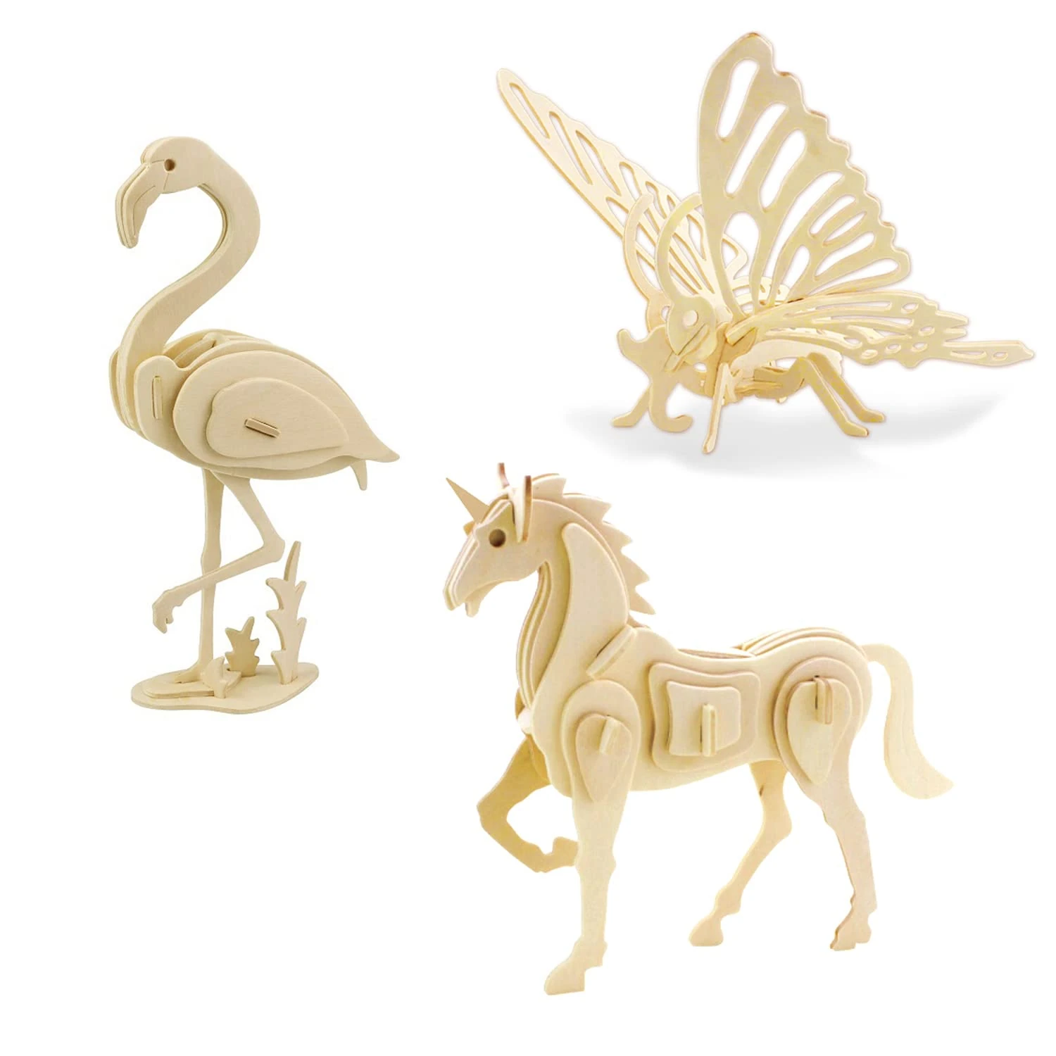 Georgie Porgy Wooden 3D Puzzle Collection Puzzle Model Kit Building Kit Wooden Craft Kids Puzzle Educational Toy DIY Gift Pack 3 (Butterfly Unicorn Flamingo)