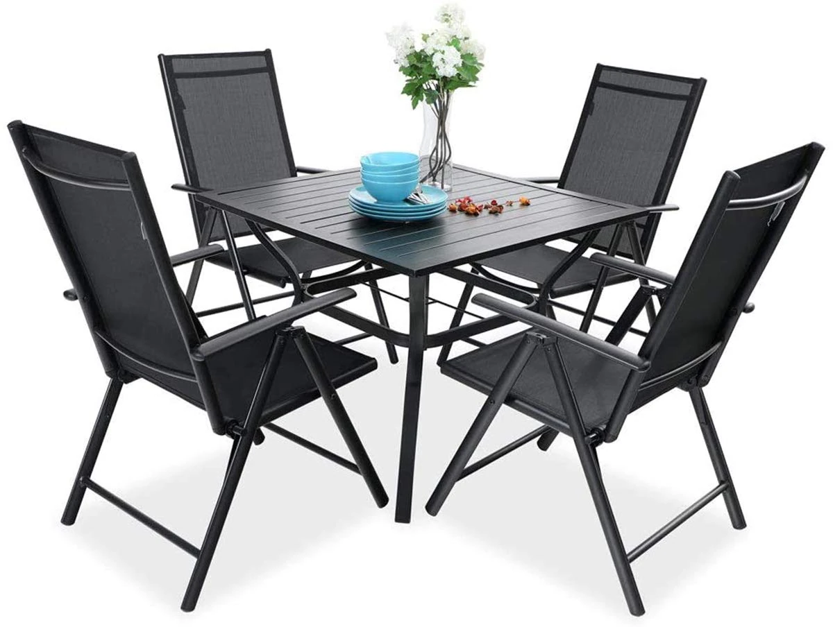 PHIVILLA 4 Seater Garden Dining Table and Chairs Set 4 Patio Set Furniture Metal Garden Table and Aluminum Recliner Chair Black (Black)