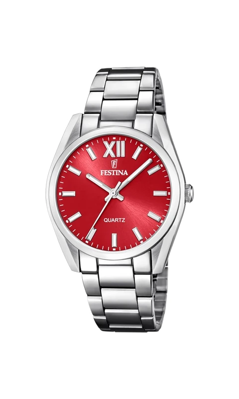 Festina F20622/B Women's Analogue Quartz Watch with Stainless Steel Strap, Silver-red, Standard Size, Bracelet