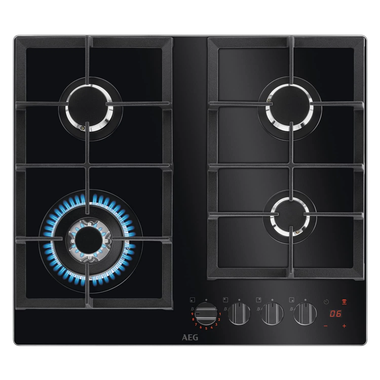 AEG HKB64450NB FlameLight Gas Hob, 4 Burners, 59cm, Gas-on-Glass Cooktop, Hob2Hood, StepPower Controls, LED Indicators, Cast Iron Pan Support, 4 Cooking Zones, Black