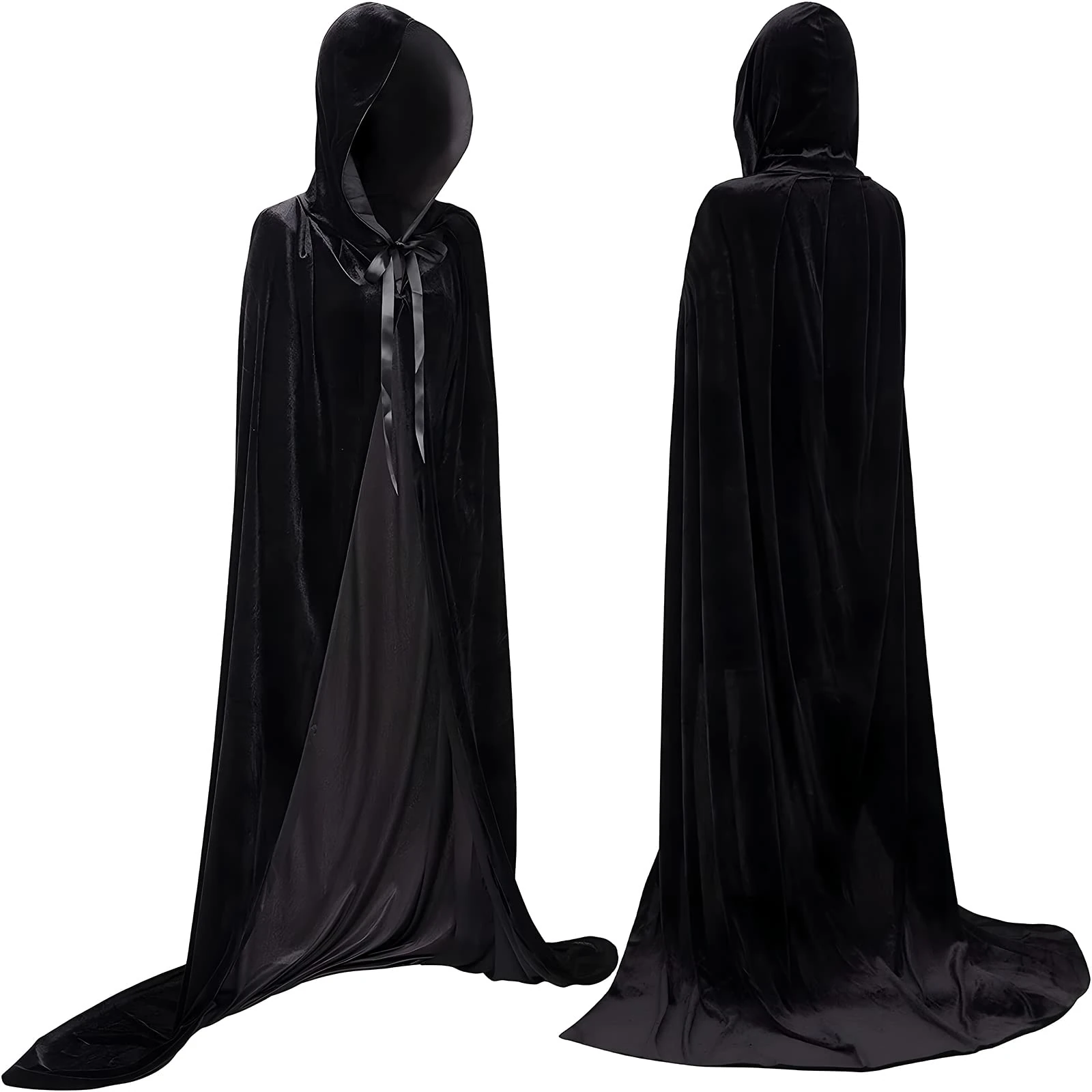 YIHELU Unisex Black Velvet Cape - Long Cloak for Adults & Kids, Halloween Witch Vampire Cosplay Masquerade Party (L, Black)