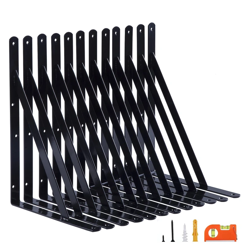 NEODROP 12-Pack 14 Inch Heavy Duty Shelf Brackets, Large Wall Bracket for Garage Storage Shelves, Black Powder-Coated Steel