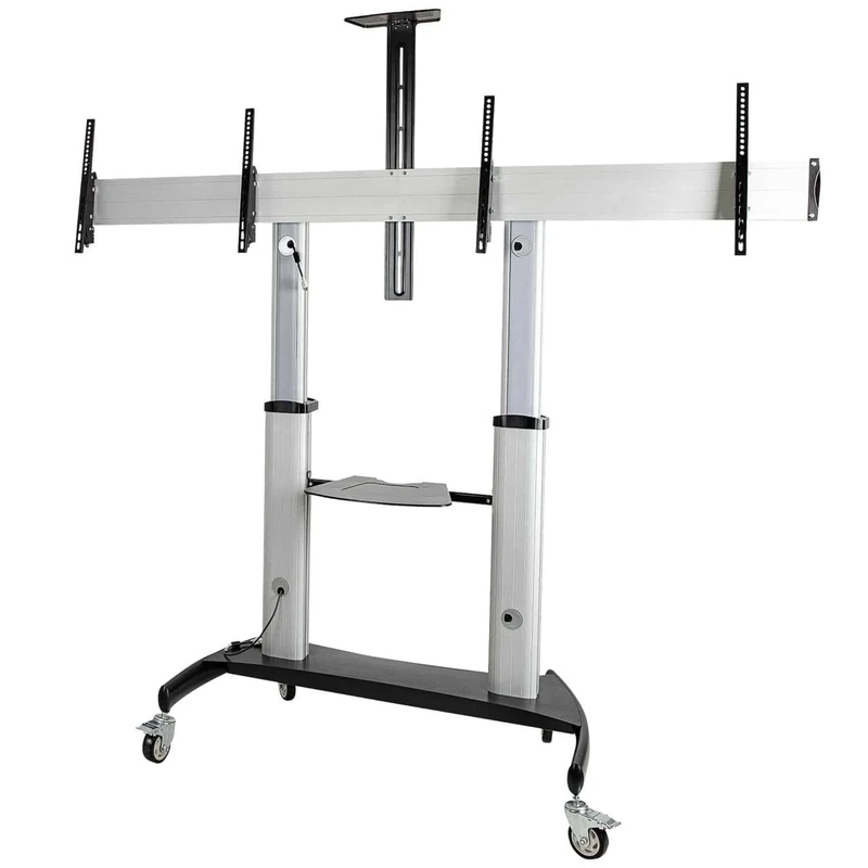 StarTech.com Dual TV Cart for 37-60in VESA TVs up to 110lb/50kg each - Height Adjustable TV Mount, Mobile Display Cart w/ Equipment Shelves - Rolling TV Cart on Wheels - Rolling TV Stand (STNDMTVDUO)