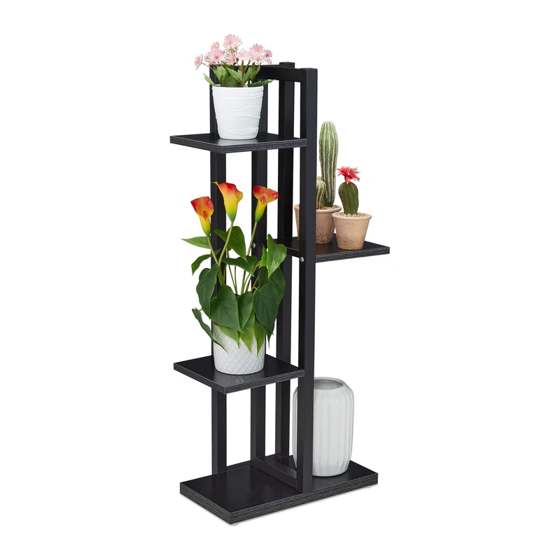 Relaxdays Metal Flower Stand, 4-Tier Indoor Pot Shelf Ladder, Wooden Look, HxWxD: 93 x 42.5 x 22.5 cm, Plant Rack, Black, Steel