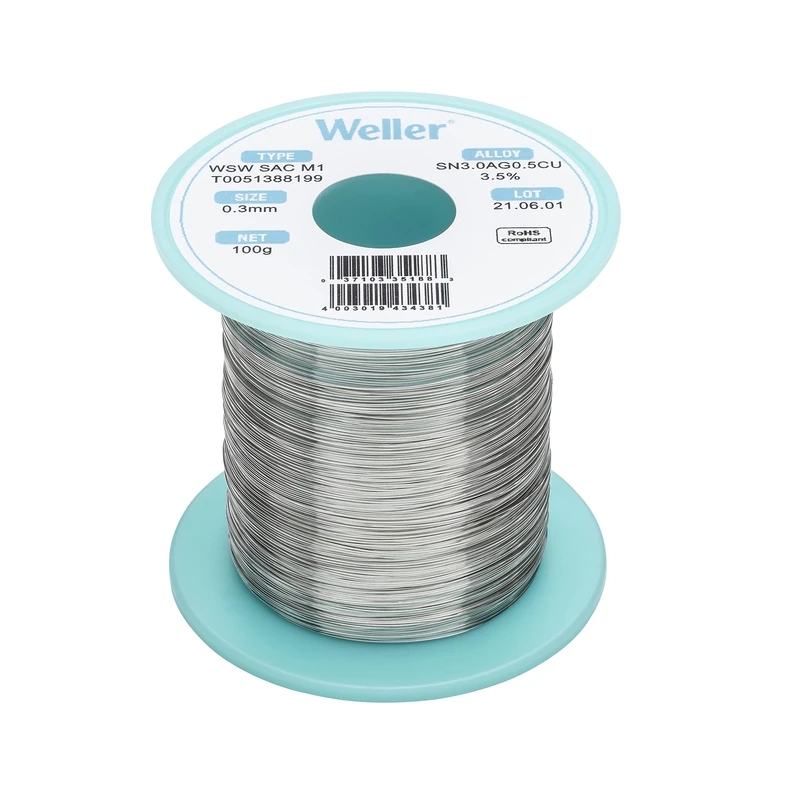 Weller WSW SAC M1 (T0051388199) Lead Free Solder Wire, Dia: 0.3 mm / 0.012 in, Wt: 100 g / 3.527 oz, Alloy Sn96.5Ag3.0Cu0.5, Flux Content 3.5%