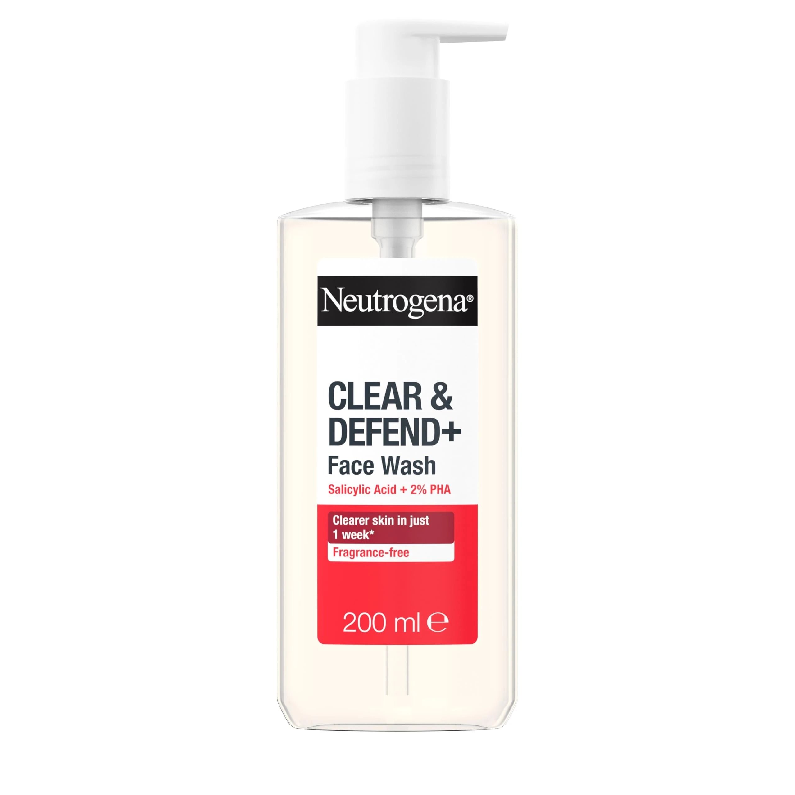 Neutrogena Clear & Defend+ Face Wash (1x 200ml), Purifying Facial Wash for Acne-Prone Skin with Salicylic Acid and AHA/PHA, Fragrance-Free Face for Spot-Prone Skin to Help Prevent Breakouts