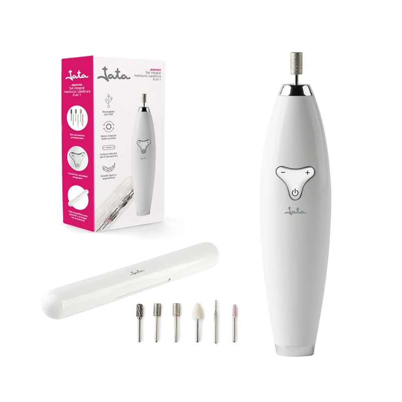 Jata JBSM1200 Professional Manicure Pedicure Set, Dual Way Rotation, Includes 6 Accessories Case, Progressive Speed Control, USB Rechargeable, White