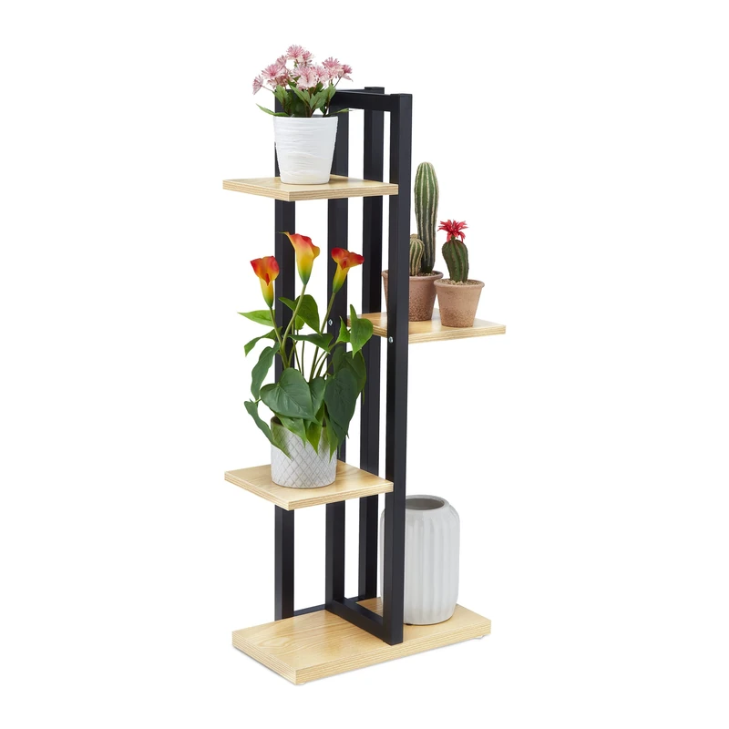 Relaxdays Metal Flower Stand, 4-Tier Indoor Pot Shelf Ladder, Wooden Look, 93 x 42.5 x 22.5 cm, Plant Rack, Light Brown, Steel