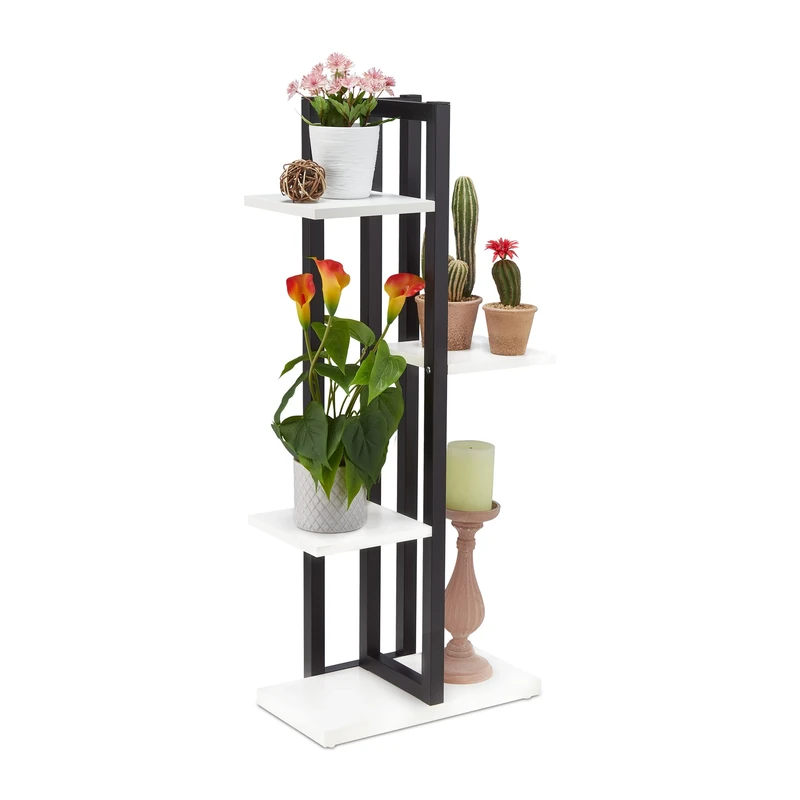 Relaxdays Metal Flower Stand, 4-Tier Indoor Pot Shelf Ladder, Wooden Look, HxWxD: 93 x 42.5 x 22.5 cm, Plant Rack, White, Steel