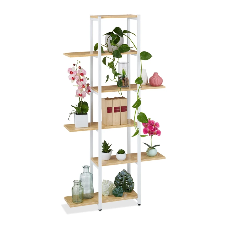 Relaxdays Large Plant Rack, Modern Pot Holder with 6 Tiers, 150 x 78 x 24 cm, Black Metal Frame, MDF Shelving, Brown - Image 1