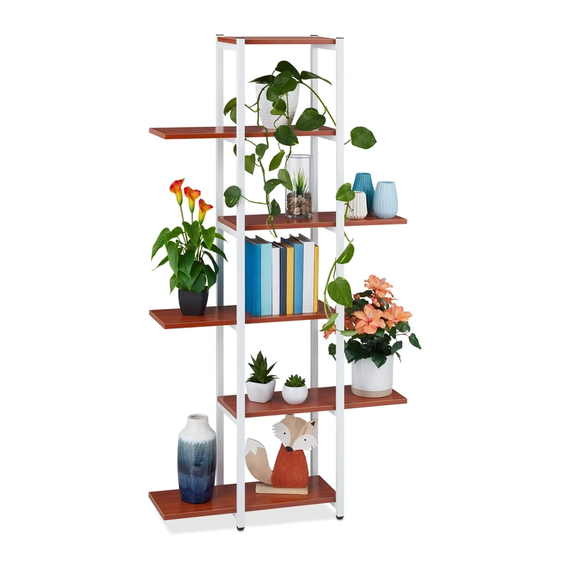 Relaxdays Large Plant Rack, Modern Pot Holder with 6 Tiers, 150 x 78 x 24 cm, Black Metal Frame, MDF Shelving, Red-Brown, Steel