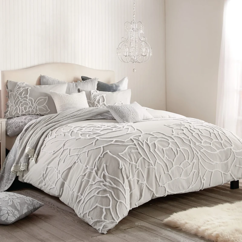 Peri Home 100% Cotton 3-Piece Duvet Cover & Sham Set, Full/Queen, Grey Chenille Rose