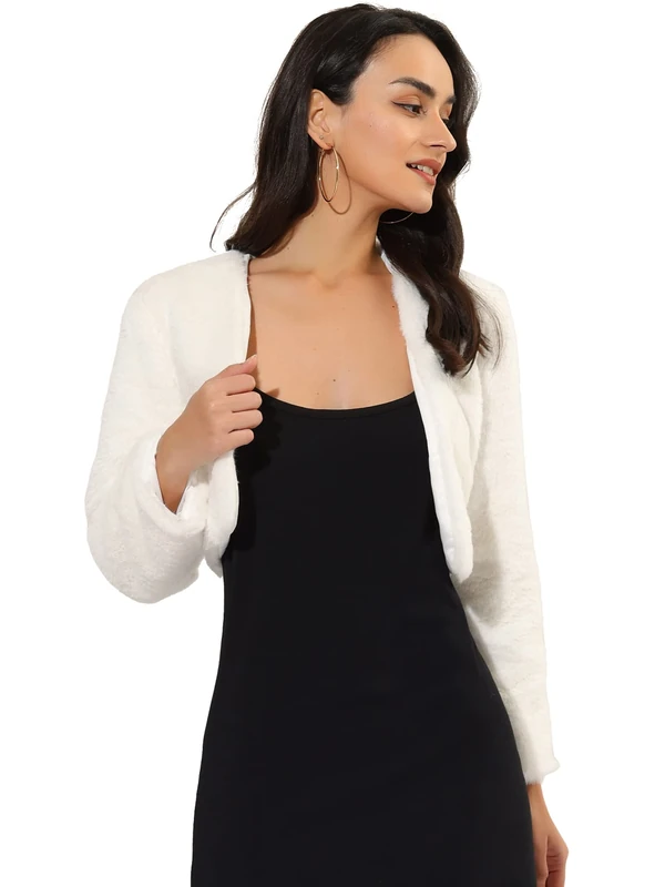 Allegra K Women's Christmas Cropped Jacket Evening Open Front Bolero Faux Fur Shrug, White, Large