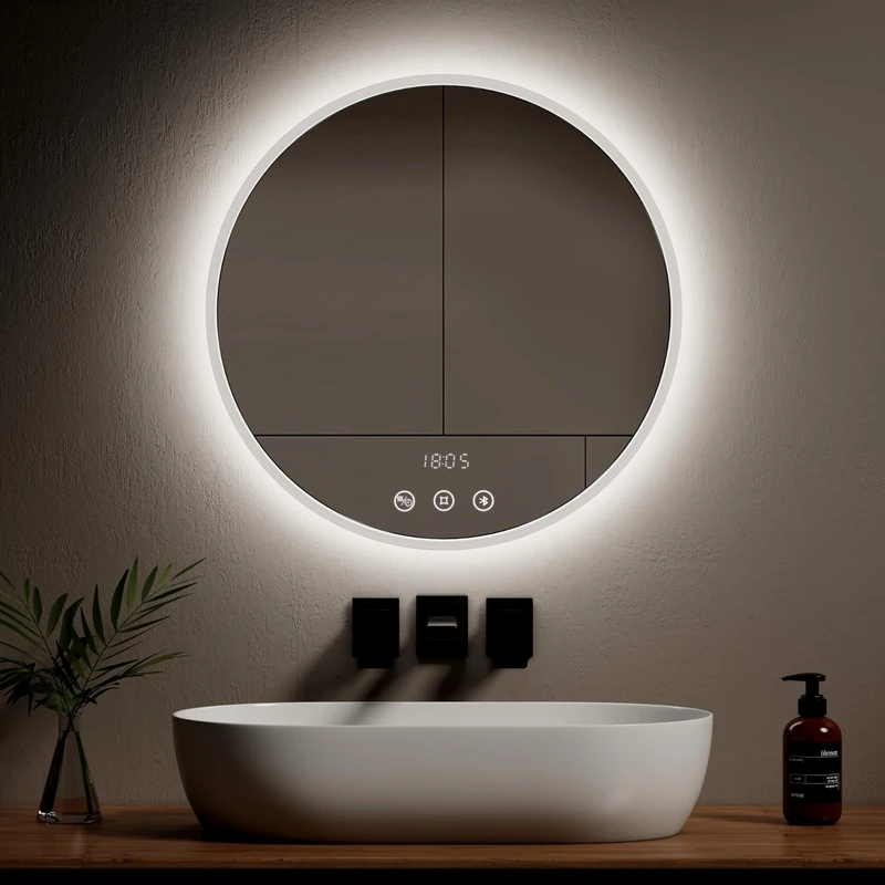EMKE Round LED Bathroom Mirror with Bluetooth - 600mm Wall Mounted Backlit LED Circle Mirror with Demister, Clock Temperature Display, Large Illuminated Smart Makeup Mirrors